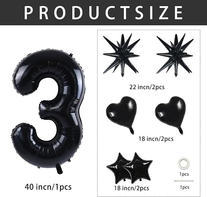 TONIFUL 3rd Birthday Balloons Kit 40 Inch Black Large Number 3 Foil Balloon | - Image 2