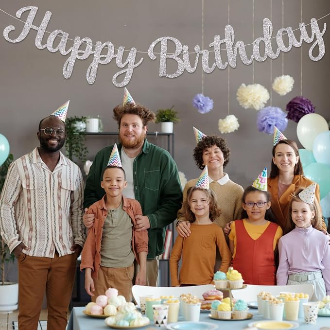 Silver Happy Birthday Banner, Pre-Strung Glitter Silver Birthday Sign, 10 Feet - Image 8