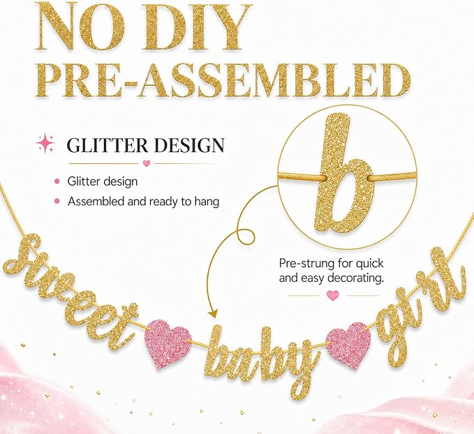 Sweet Baby Girl Banner, Pre-Strung Baby Shower Banner Garland - Image 4