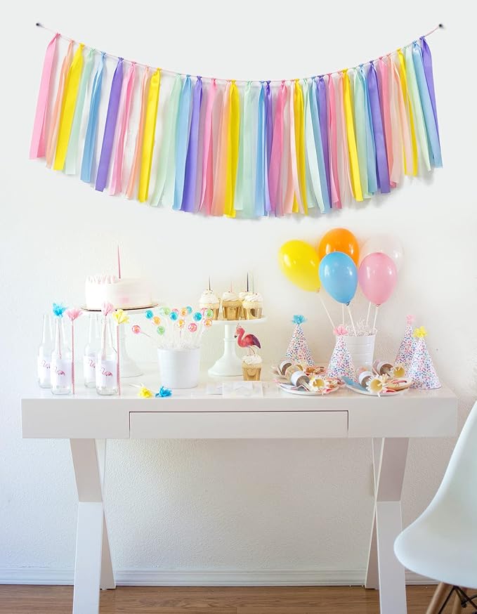 Pastel Rainbow Ribbon Tassel Garland Colorful Fabric Banner Hanging Patry - Image 6
