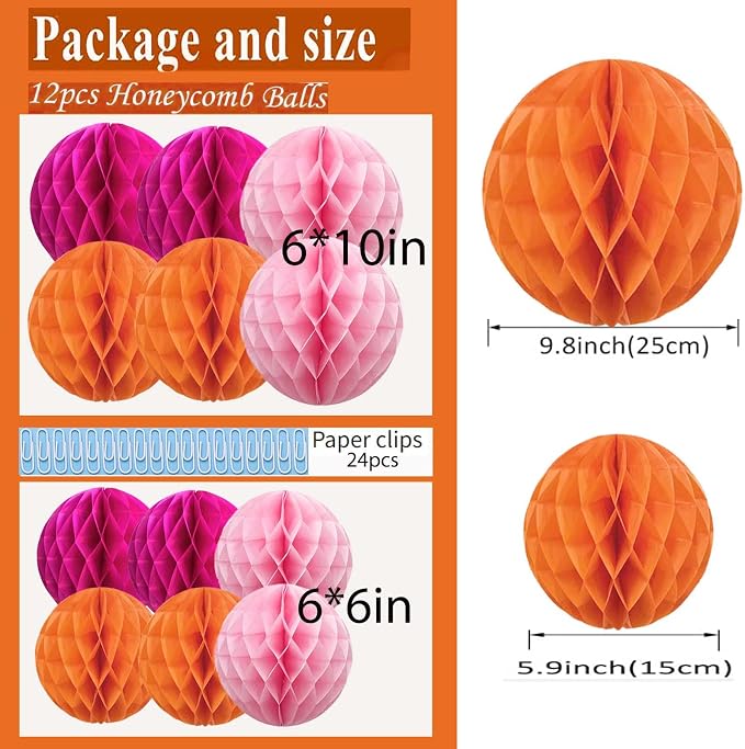 Hot Pink Orange and Pink Paper Honeycomb Balls, 6 and 10 inch Hanging Tissue - Image 2