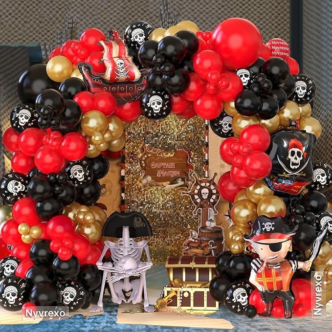 142Pcs Pirate Birthday Party Decorations Balloon Garland Arch Kit | Red Black - Image 6