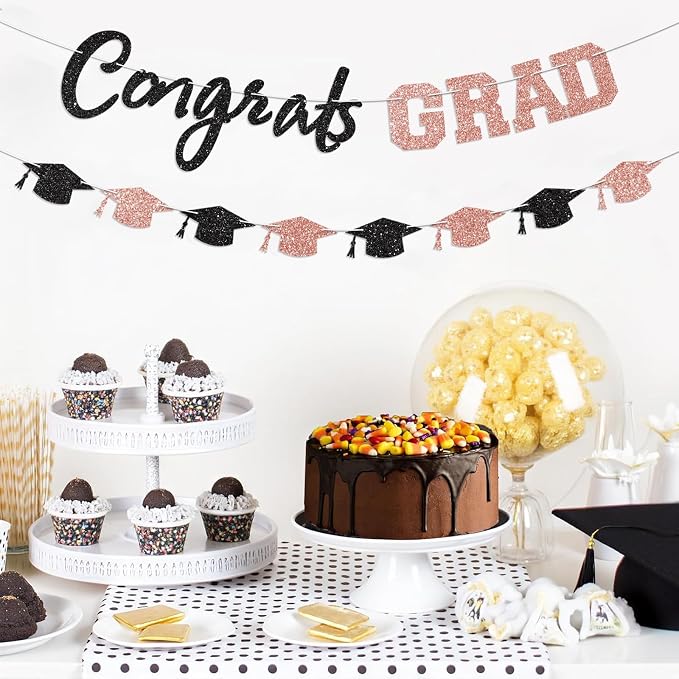 Prestrung Congrats Grad Banner Rose Gold and Black Graduation Banner - Image 6