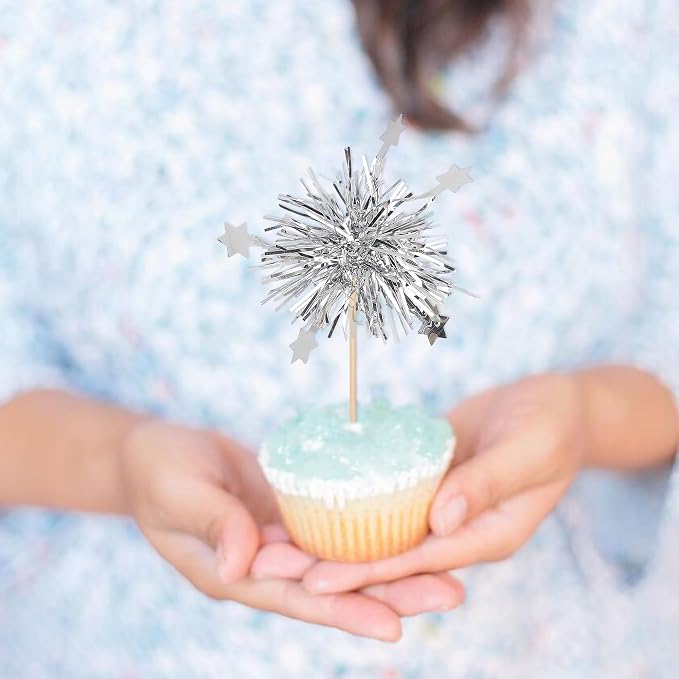 30 PCS Foil Firework Cupcake Toppers Star Cupcake Picks Sparkle Tinsel Flower - Image 7