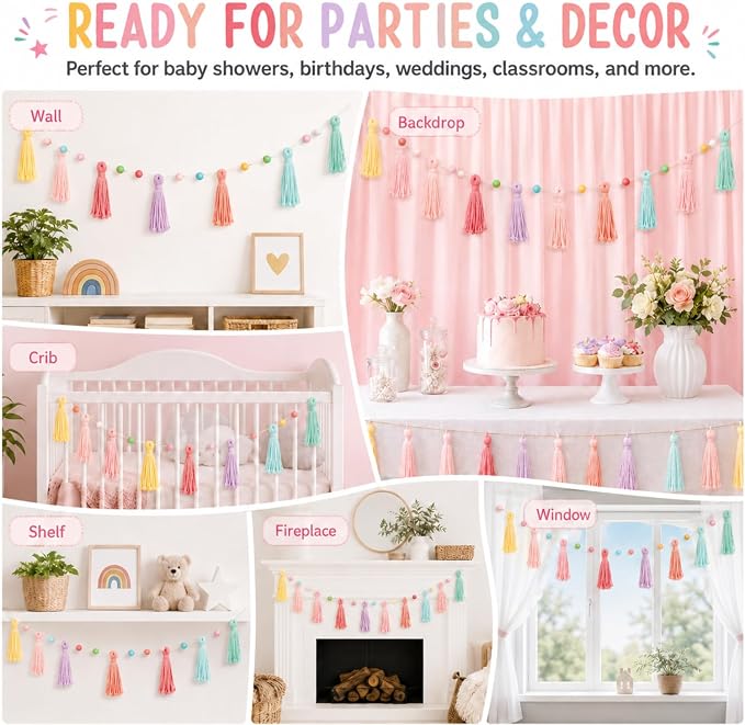 Syhood 3 Pcs Boho Tassel Garland Boho Rainbow Pom Pom Wall Decor Each 50'' - Image 2