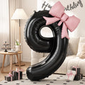 40 Inch Black Number 9 with Pink Bow Balloon, Giant Self Inflating Black Foil by KYGNE