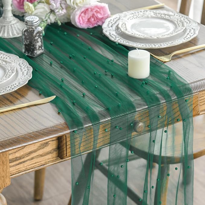 Artoid Mode 3PCS Pearl Dark Green Gauze Table Runner 120 Inch 10FT, Seasonal by ArtoidMode