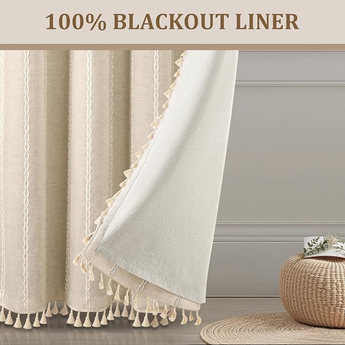 Boho 100% Blackout Curtains 72 Inch 2 Panels Linen Blend Beige | Vintage - Image 7