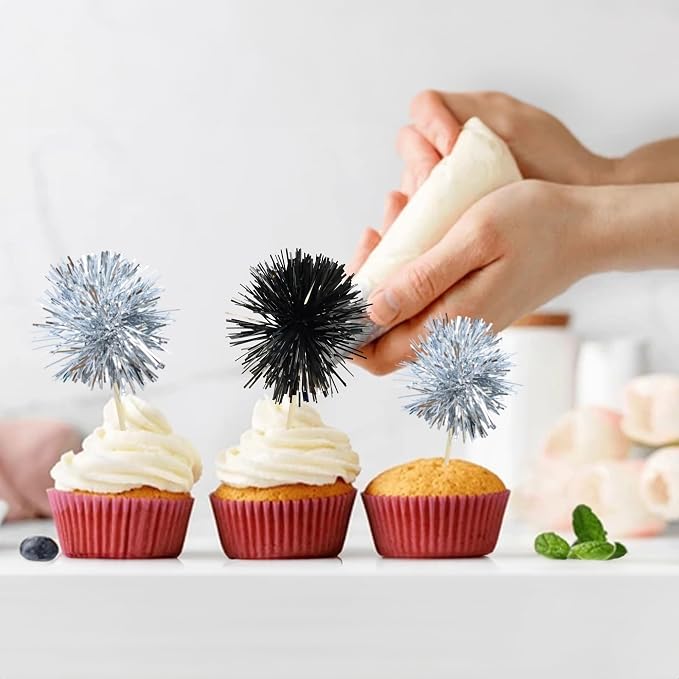 Gyufise 30Pcs Foil Firework Cupcake Toppers Sparkle Tinsel Cake Toppers Tinsel - Image 7