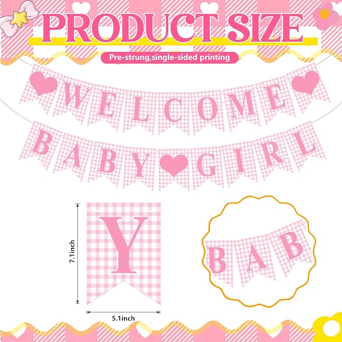 Hahafelt 1 Pcs Pink Gingham Welcome Baby Girl Banner - Image 2