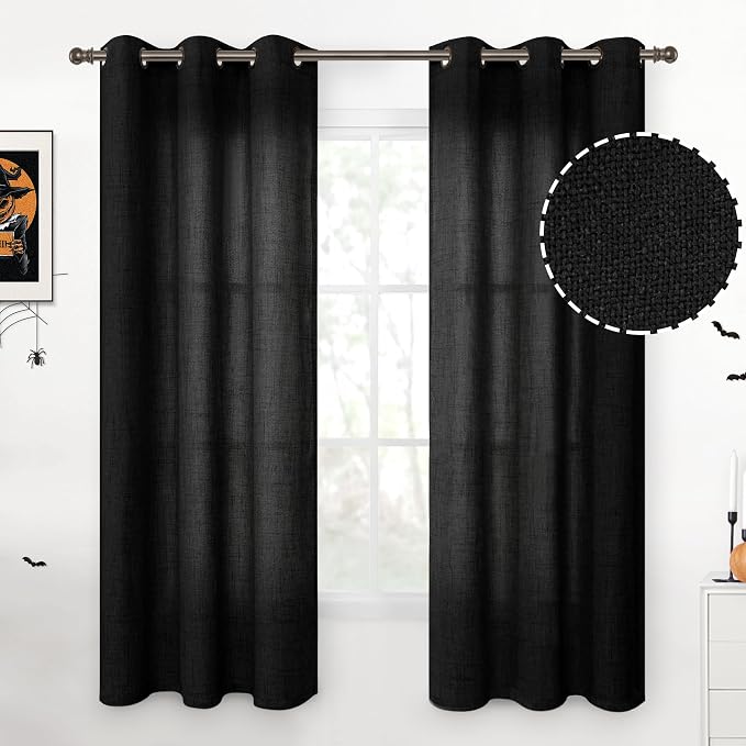 YoungsTex Black Curtains 63 Inch Length 2 Panels, Linen Semi Sheer Drapes by YoungsTex