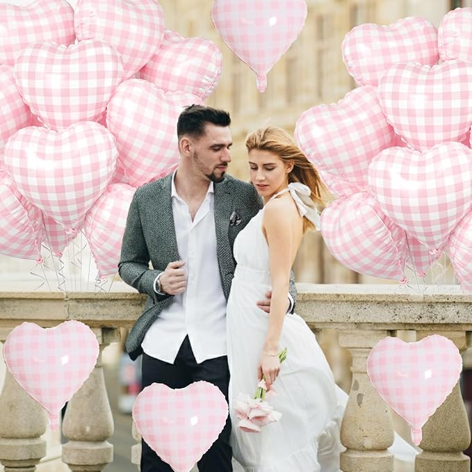 Pink White Checkered Heart Balloons, 18 Inch Lattice Foil Valentines Balloons - Image 5