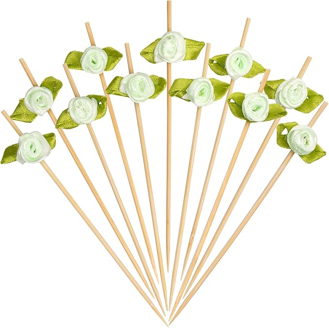 Minisland Green Rose Flower Cocktail Picks, 4.7 Inch Long Bamboo Fancy by Minisland