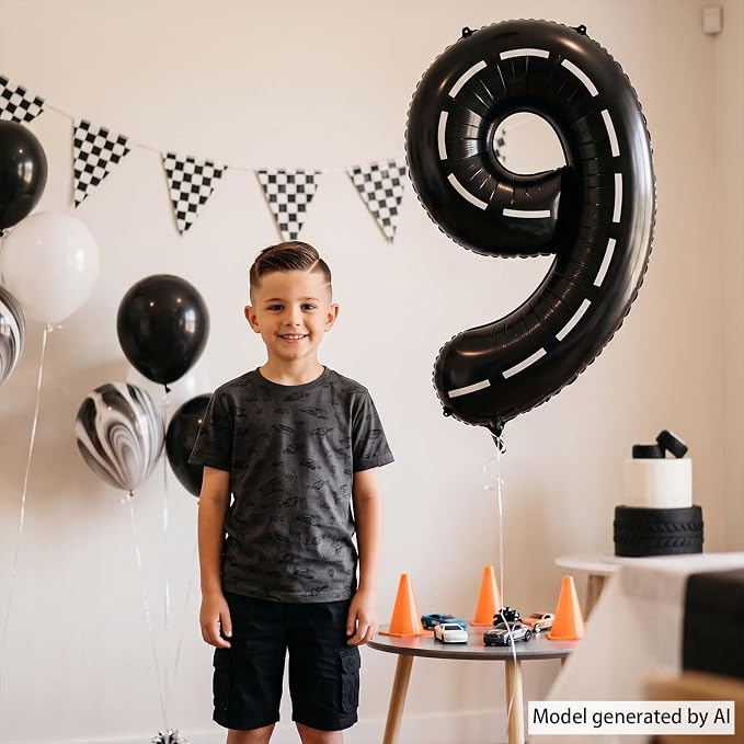 Black and White Stripes Number 9 Balloon 40 Inch, Speedway Theme Numeral | Cool - Image 6