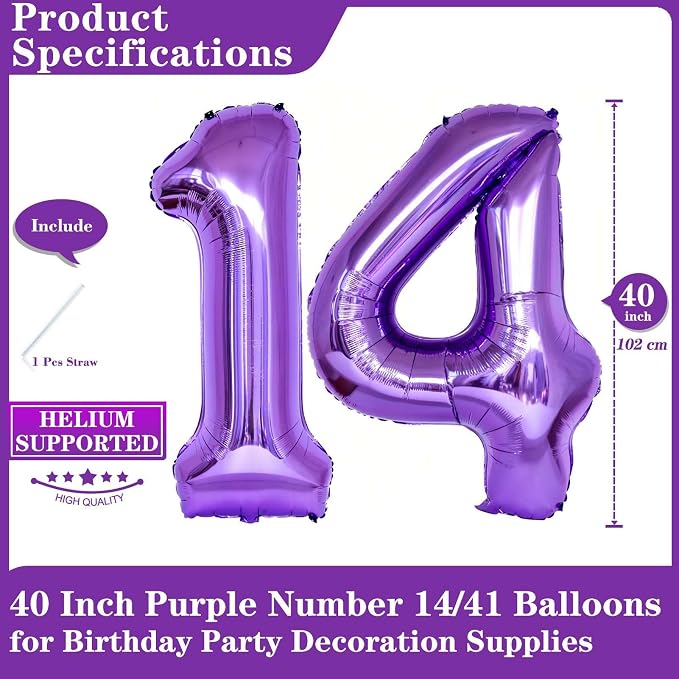 Purple 14 Number Balloons, 40 Inch Giant Number 14 Balloons Foil Mylar Helium - Image 2