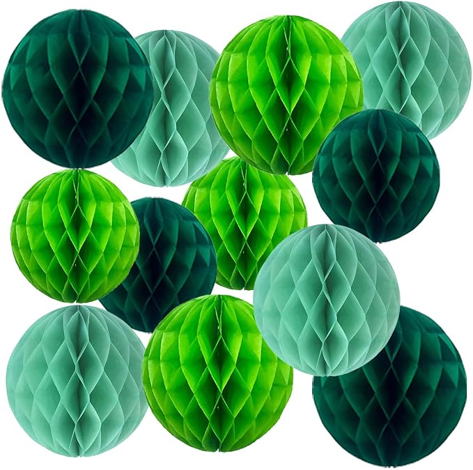 Green Paper Honeycomb Balls, 6 and 10 inch Hanging Tissue Pompoms, 12 Pack by Unknown