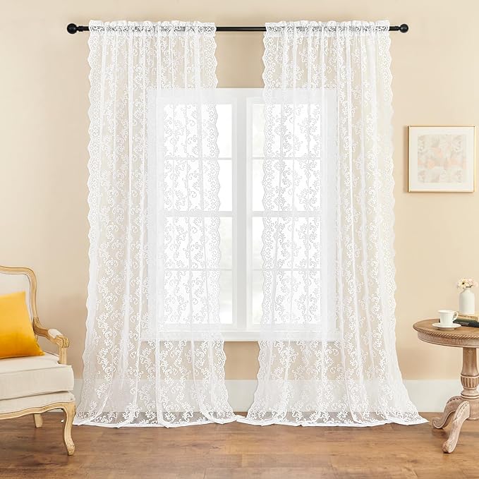 FOLKSIDE White Lace Curtains 63 Inch Length 2 Panels Set Western Paisley - Image 2