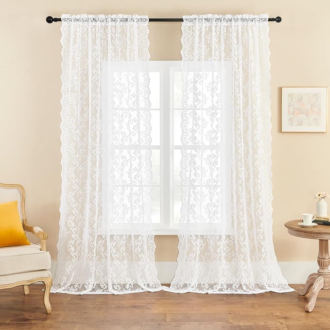 White Lace Curtains 96 Inches Long 2 Panels Vintage Paisley - Image 2