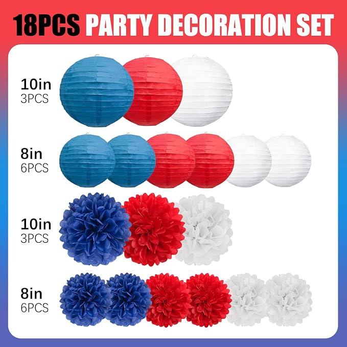 18 PCS Red White Blue Paper Lanterns & Tissue Paper Pom Poms - Image 2