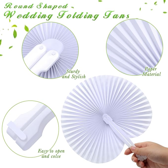 Yulejo 100 Packs White Wedding Fan Round Folding Paper Fans - Image 3