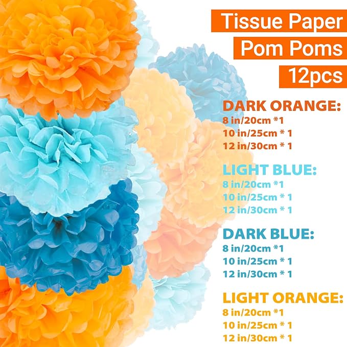 Capesaro Blue and Orange 12PCS Paper Pom Poms Party Decorations - Image 2