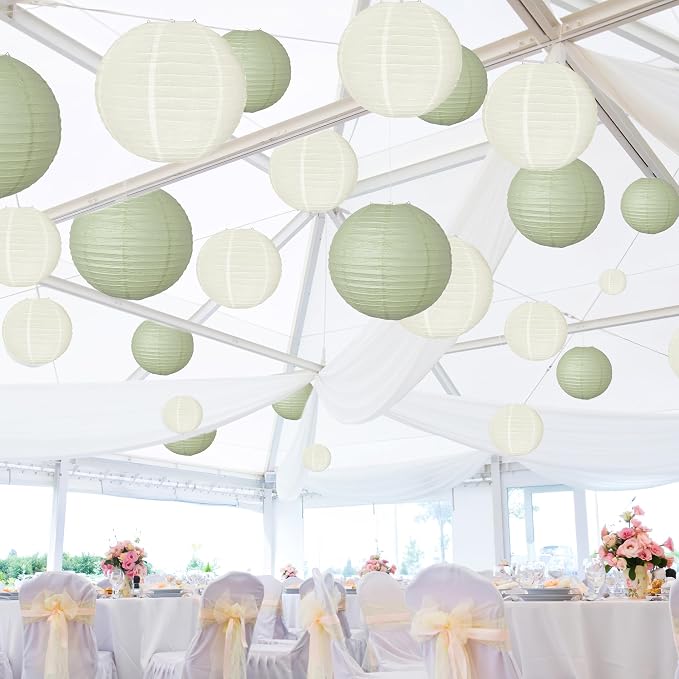 20Pcs Paper Lanterns, Sage Green and Ivory Hanging Lantern - Image 7