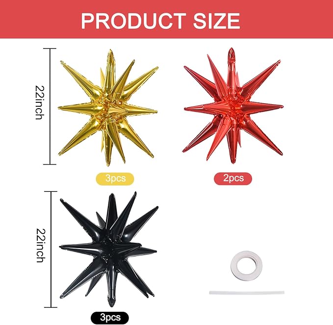 TONIFUL 8 Pcs Explosion Star Balloons Black Red Gold Foil Party Decorations | - Image 2