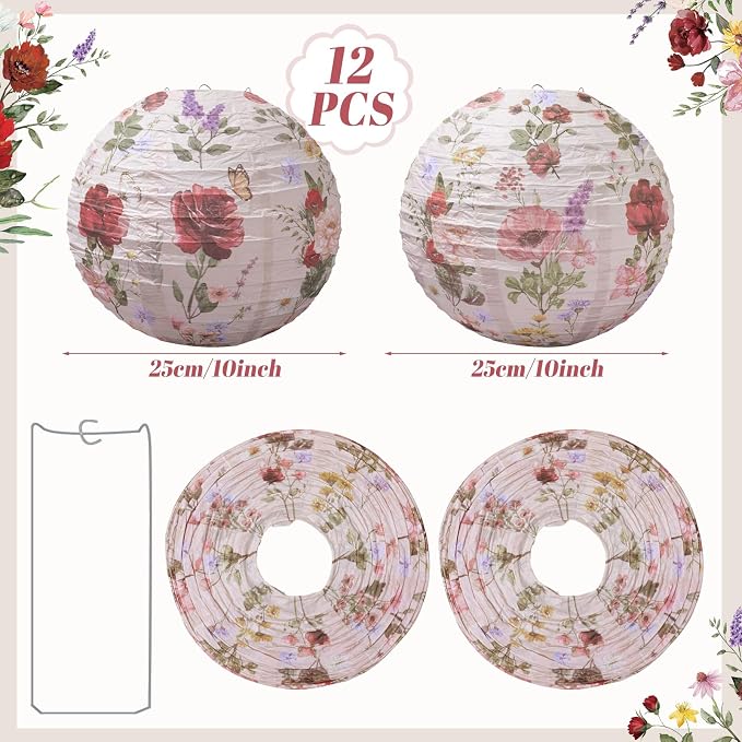 Honoson 12 Pcs Red Rose Paper Lanterns Spring Floral Party Decorations Hanging - Image 2