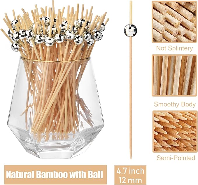 ALINK 100 Pcs Disco Ball Cocktail Picks, 4.7 in Disco Ball Decor Toothpicks - Image 2