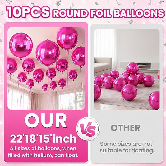 Hot Pink Round Foil Balloons, Metallic Hot Pink Brown Foil Baloon - Image 3