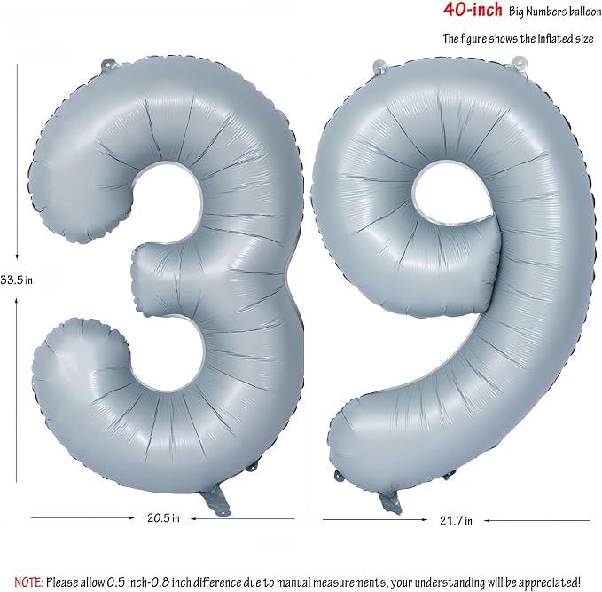 40 In Matte gray Number Balloon Helium Foil Mylar Birthday Balloon Digit 39 | - Image 2