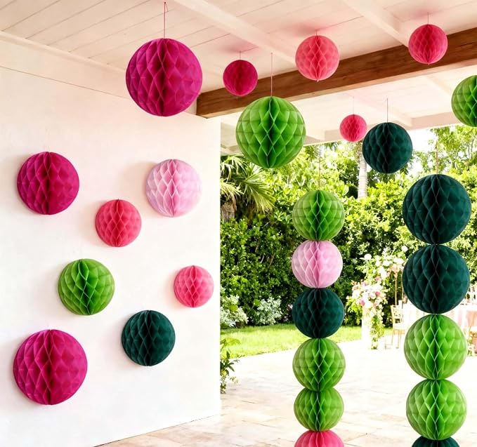 Hot Pink and Green Paper Honeycomb Balls, 6 and 10 inch Hanging Tissue Pompoms - Image 4