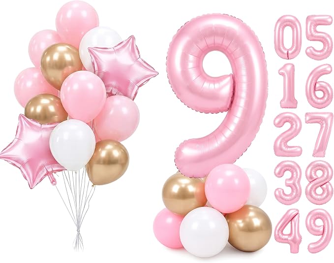 PartyWoo Number Balloons 40 Inch Pink Number 9 Kit 25pcs by PartyWoo