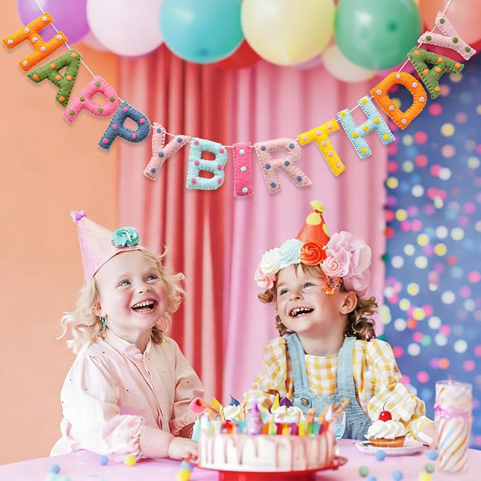 Pre-Strung Unique Handmade Wool Felt Colorful Happy Birthday Banner Garland | - Image 6