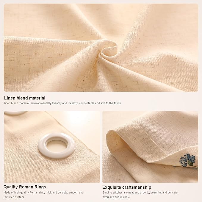 Designer French Linen Printed Curtain, 2 Panels, Light Beige Decor Draps - Image 6