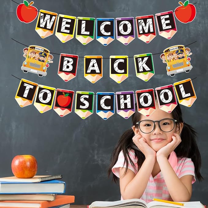 Welcome Back to School Decorations Banner Welcome Pencil Apple Decor Happy - Image 2