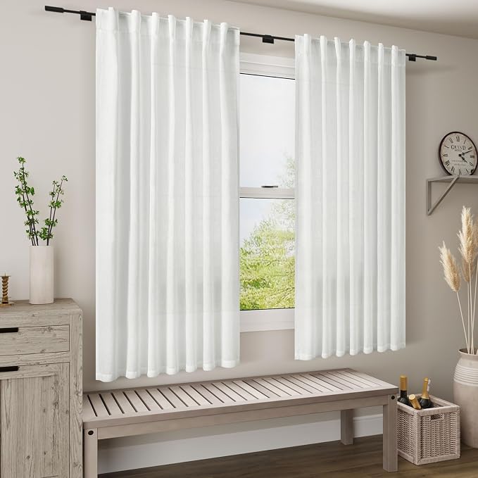 White Linen Curtains 64 Inches Long 2 Panels Set Back Tab Rod Pocket Semi Sheer - Image 7