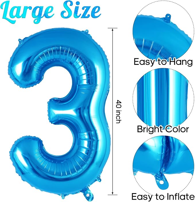 Blue Number 3 Balloon 40 Inch, Big Large Foil Helium Number Balloons, Jumbo - Image 3