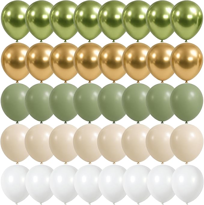 Sage Green Gold Balloons, 12 Inch 60 Pcs Metallic Olive Green White Gold by Govpy