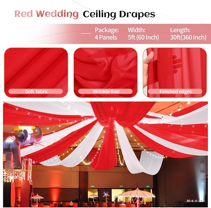 4 Panels Red Ceiling Drapes for Wedding Ceiling Drapes 5ftx30ft Wedding Arch - Image 4