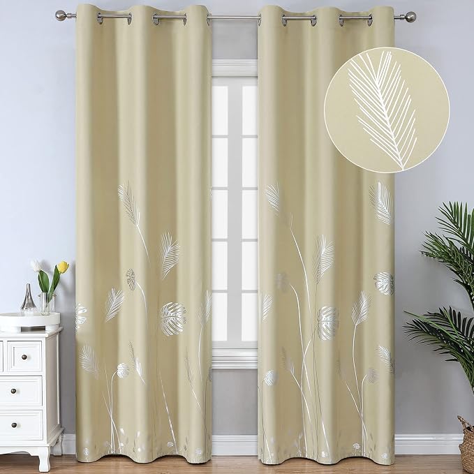 Silver Palm Leaf and Wheat Pattern Beige Blackout Curtains by ESTELARTEXTILER