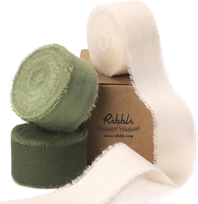 Ribbli 3 Rolls Green Ribbon 1 Inch x 18 Yards Ivory Sage Moss Handmade Cotton by Ribbli