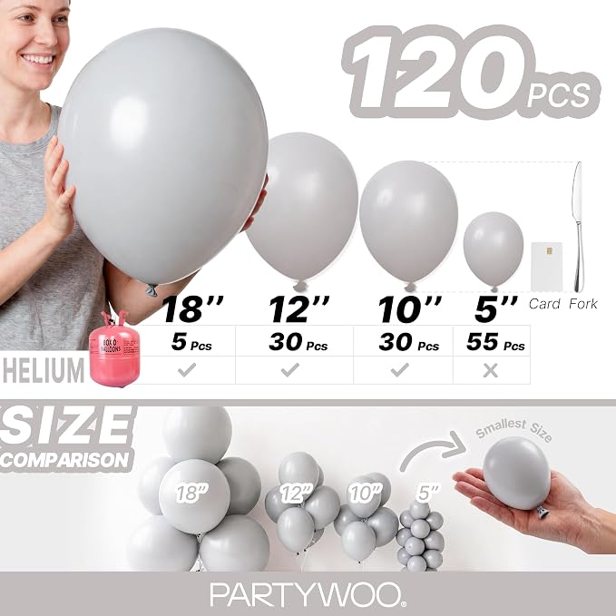 PartyWoo Gray Balloons 120pcs Matte Gray Latex Balloons Different Sizes | 18 12 - Image 6