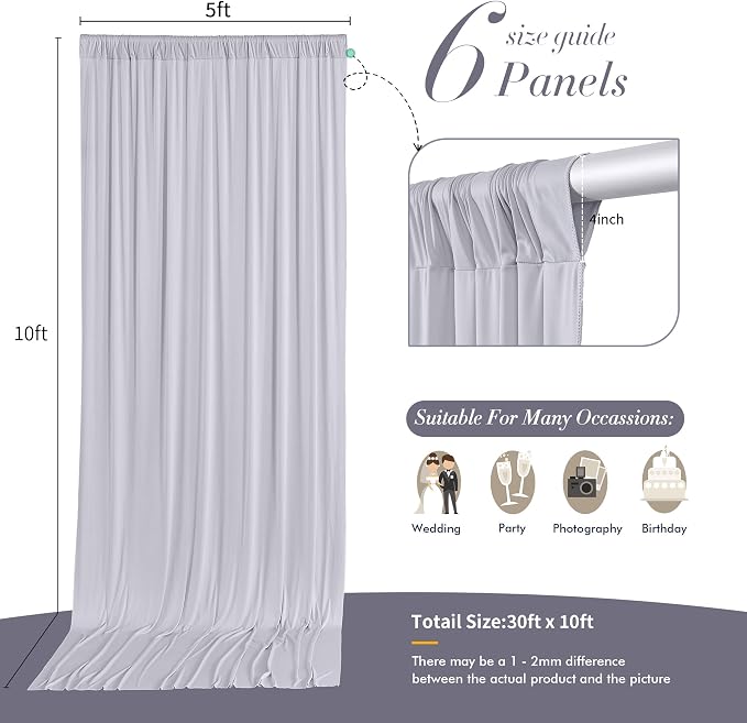 30 ft x 10 ft Wrinkle Free Silver Backdrop Curtain - Image 7