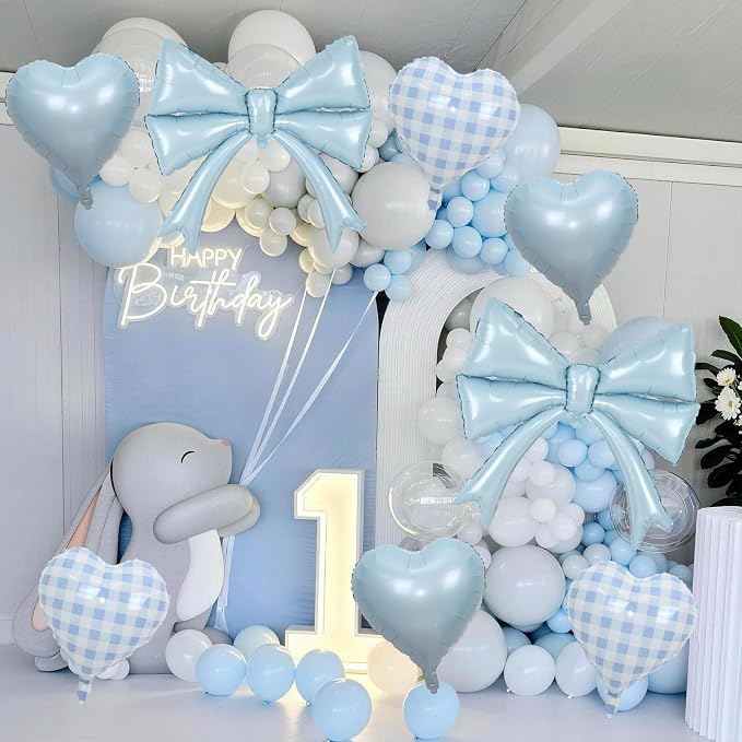 Pastel Blue Bow Balloons & Checkered Heart Foil Balloon Set, Coquette Birthday - Image 6