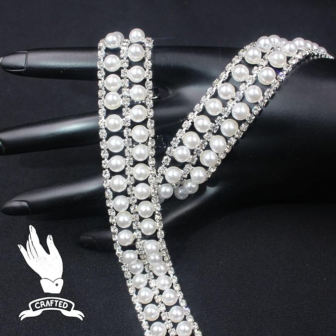 PEARLY JUN 2 Yards Pearl Rhinestone Trim Chain Silver Crystal Fringe Diamond Applique Ribbon String Tassel Strip for Sewing Wedding Dress Crafting Crafts Flower Embellishments