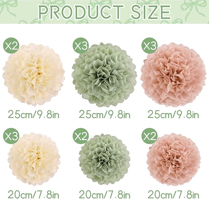 EASY JOY Sage Green Tissue Pom Poms Paper Flowers Decorations Natural Green - Image 2