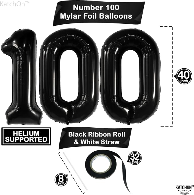 KatchOn Black 100 Balloon Number 40 Inch, 100th Birthday Decorations | 100K - Image 4