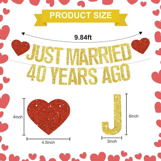 Gold Glitter Just Married 40 Years Ago Banner, NO DIY, Pre-Strung 40th Wedding - Image 3