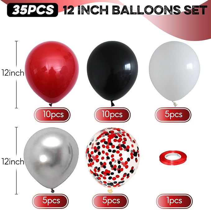 Black Red Balloons, 12 Inch Black Red White and Silver Latex Balloons - Image 2